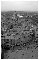 Piazza Del Campo and Duomo seen from Torre del Mangia. Siena, Tuscany, Italy (black and white)