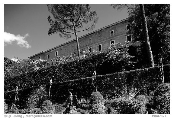 The Villa d'Este seen from the lower terraces of the garden. Tivoli, Lazio, Italy (black and white)