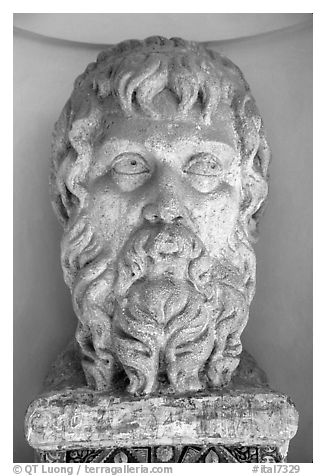 Sculptured head, Villa d'Este. Tivoli, Lazio, Italy (black and white)