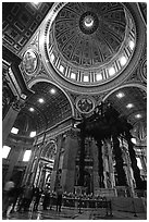 Baldachino, Bernini's baroque canopy stands above St Peter's tomb. Vatican City (black and white)
