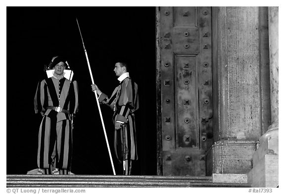 Swiss guards on sentry duty. Vatican City (black and white)
