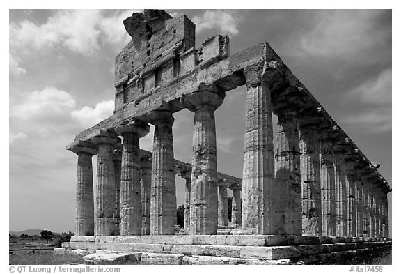 Ruins of Tempio di Cerere (Temple of Ceres), a Greek Doric temple. Campania, Italy (black and white)