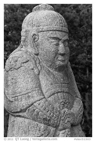 Stone figure of civil official, Seolleung, Samreung Gongwon. Seoul, South Korea (black and white)