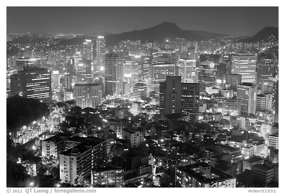 Elevated view of Jung Gu high-rises from Namsan. Seoul, South Korea (black and white)