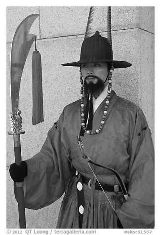 Gapsa (regular guard from Joseon dynasty), Gyeongbokgung. Seoul, South Korea (black and white)