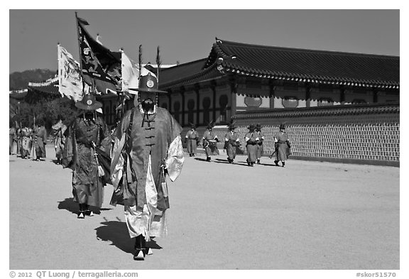 Royal guards marching, Gyeongbokgung palace. Seoul, South Korea (black and white)