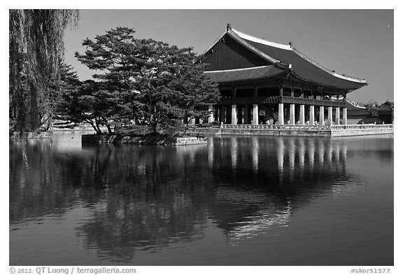 Gyeongghoe-ru pavilion and pond. Seoul, South Korea (black and white)