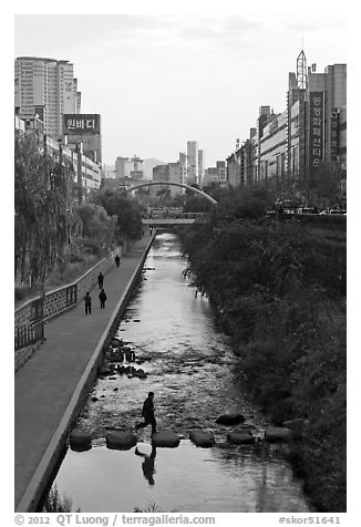 Man crossing Cheonggye stream. Seoul, South Korea (black and white)
