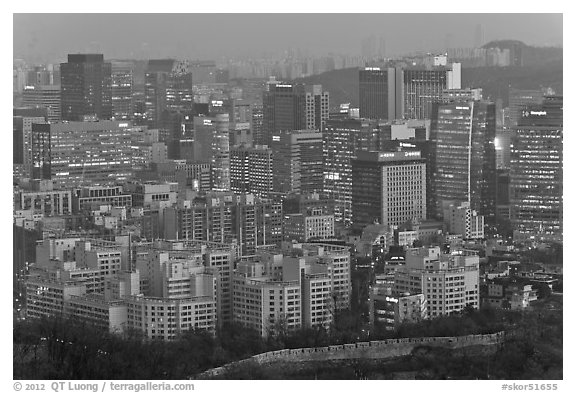 Central Seoul at dusk. Seoul, South Korea (black and white)