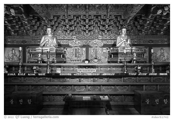 Interior of side hall, Haeinsa Temple. South Korea (black and white)