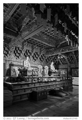 Gilded temple interior, Haein sa Temple. South Korea (black and white)