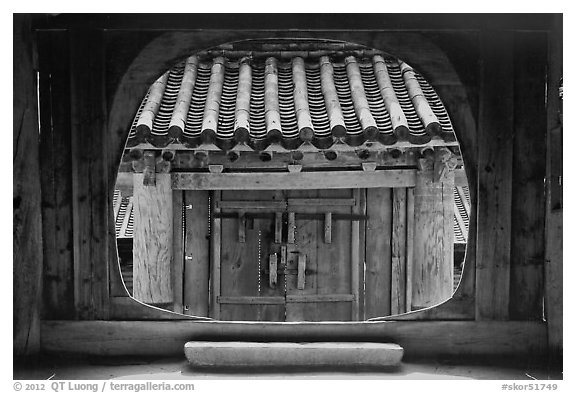 Beopbojeon seen from inside Sudarajang, Janggyeong Panjeon, Haeinsa Temple. South Korea (black and white)