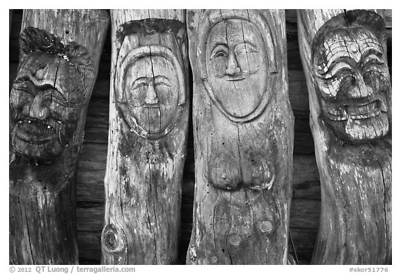 Sculptures on wood stems. Hahoe Folk Village, South Korea (black and white)