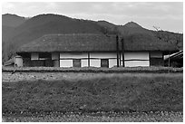 Straw roofed house. Hahoe Folk Village, South Korea (black and white)