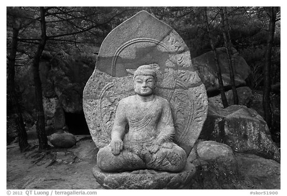 Seated stone Yeora buddha statue, Namsan Mountain. Gyeongju, South Korea (black and white)