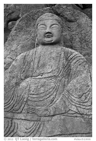 Seated Seokgayeorae rock carving, Namsan Mountain. Gyeongju, South Korea (black and white)