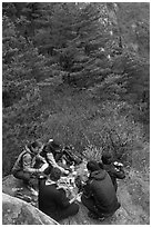 Hikers picniking, Namsan Mountain. Gyeongju, South Korea (black and white)