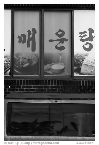 Fish tank and food pictures. Gyeongju, South Korea (black and white)