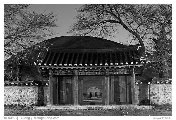 Royal tomb of King Michu of Silla by night. Gyeongju, South Korea (black and white)