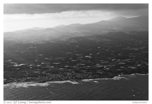 Aerial view of coast. Jeju Island, South Korea (black and white)