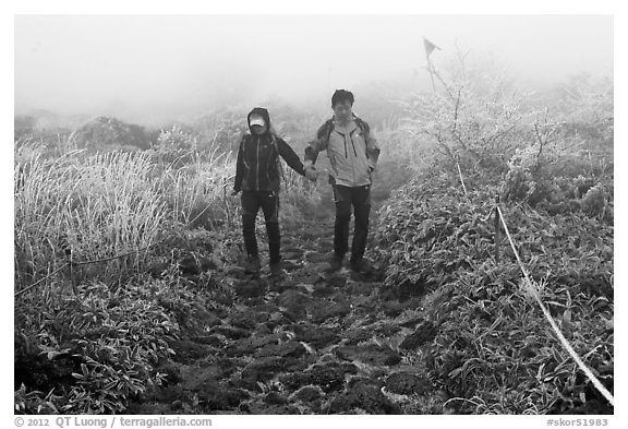 Couple hiking holding hands in fog. Jeju Island, South Korea (black and white)