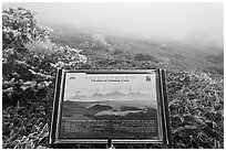 Sign and landscape with no visibility, Hallasan. Jeju Island, South Korea (black and white)