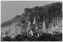 Last light on pinnacles. Jeju Island, South Korea (black and white)
