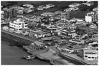 Houses with blue roofs, Seongsang Ilchulbong from above. Jeju Island, South Korea (black and white)