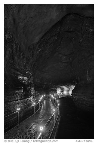 Huge lava tube cave with walkway, Manjanggul. Jeju Island, South Korea (black and white)