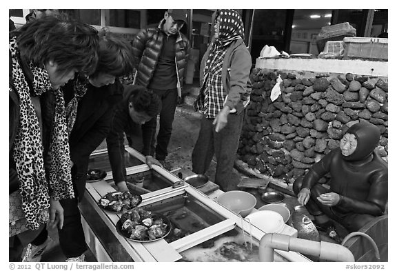 Seafood for sale by Haeneyo women. Jeju Island, South Korea (black and white)