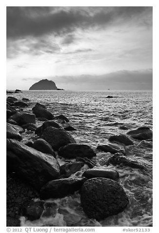 Boulder coastline, Seogwipo-si. Jeju Island, South Korea (black and white)