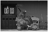 Trishaw, plant and door, Cheong Fatt Tze Mansion. George Town, Penang, Malaysia (black and white)