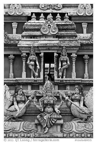 Tower detail, Sri Mariamman Temple. George Town, Penang, Malaysia (black and white)