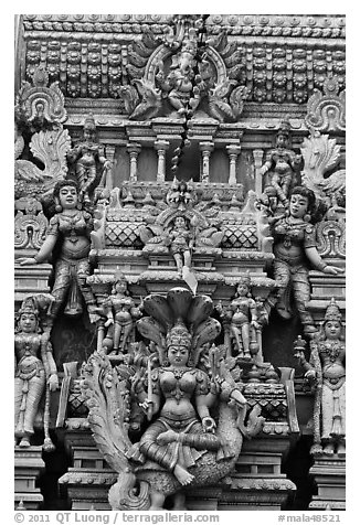 Sculpture on tower of hindu temple. George Town, Penang, Malaysia (black and white)