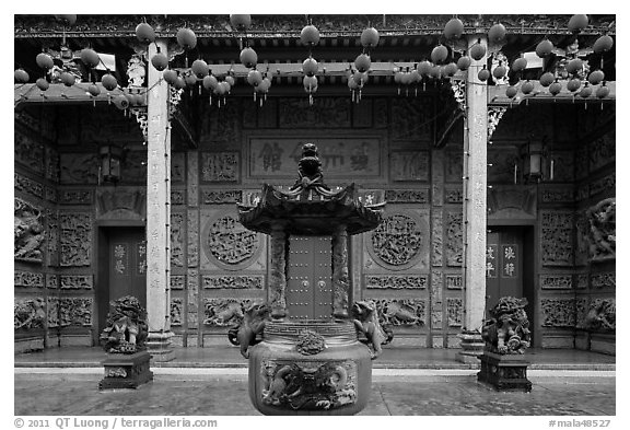 Slate and crimson facade, Hainan Temple. George Town, Penang, Malaysia (black and white)