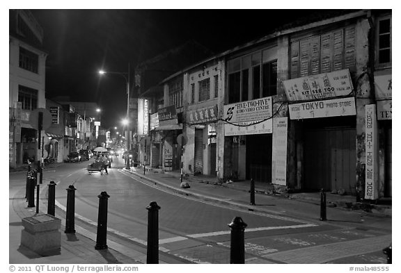 Chinatown street at night. George Town, Penang, Malaysia (black and white)