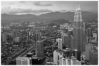 Skyline with Petronas Towers seen from Menara KL. Kuala Lumpur, Malaysia (black and white)
