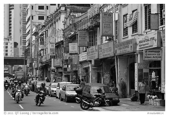 Motorcyles and shops, Little India. Kuala Lumpur, Malaysia (black and white)
