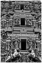 Sculptures on South Indian Hindu temple. Kuala Lumpur, Malaysia (black and white)