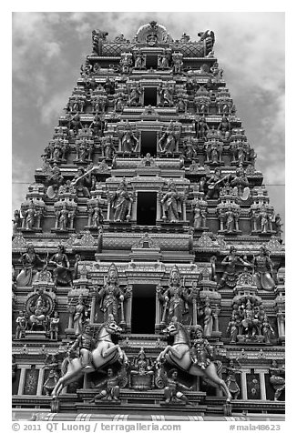 Deity-clad gopurum of Hindu Sri Mahamariamman Temple. Kuala Lumpur, Malaysia (black and white)