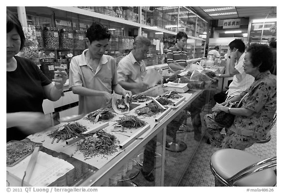 Store selling traditional Chinese medicine herbs. Kuala Lumpur, Malaysia (black and white)