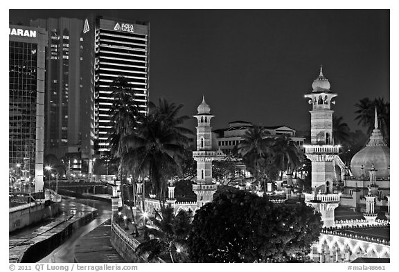 Masjid Jamek minarets and Sungai Klang river. Kuala Lumpur, Malaysia (black and white)