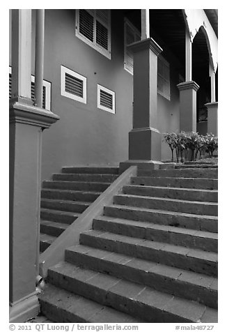 Stairs and columns, Stadthuys. Malacca City, Malaysia (black and white)