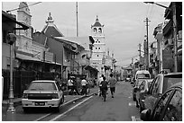 Harmony Street, featuring Hindu and Chinese Temples and a mosque. Malacca City, Malaysia (black and white)