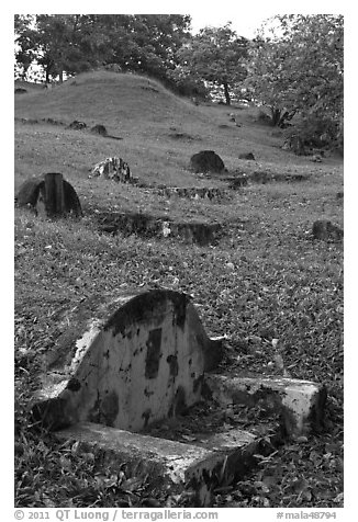 Chinese graves on hillside, Bukit China cemetery. Malacca City, Malaysia (black and white)