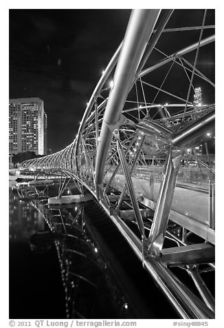Double Helix Bridge at night. Singapore (black and white)
