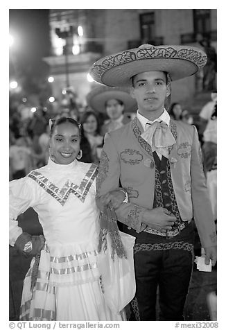 Man and woman in traditional mexican costume. Guadalajara, Jalisco, Mexico (black and white)