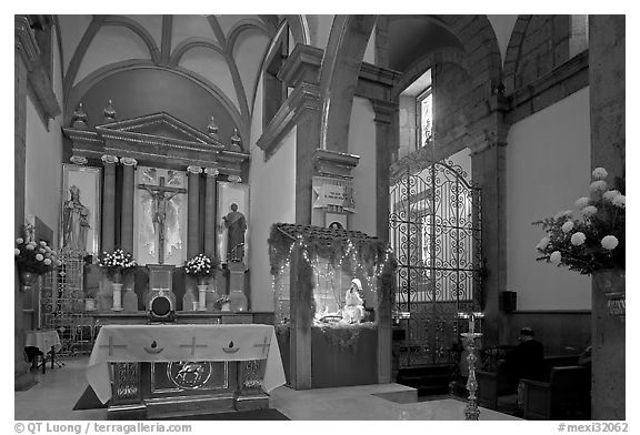 Interior of church with altar and nativity, Tlaquepaque. Jalisco, Mexico (black and white)