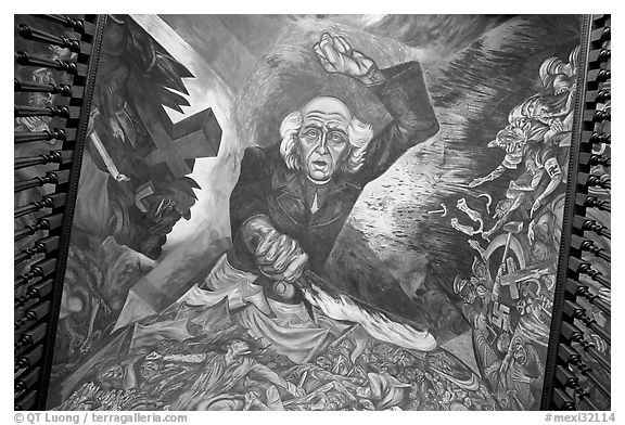Stairway ceiling with portrait of angry Miguel Hidalgo by  Jose Clemente Orozco. Guadalajara, Jalisco, Mexico (black and white)
