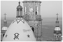 Templo de Guadalupe Cathedral and ocean, early morning, Puerto Vallarta, Jalisco. Jalisco, Mexico (black and white)